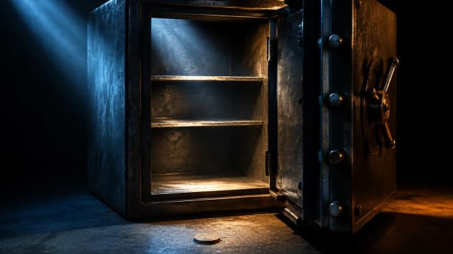 An empty open safe with a single coin on the floor in front of it