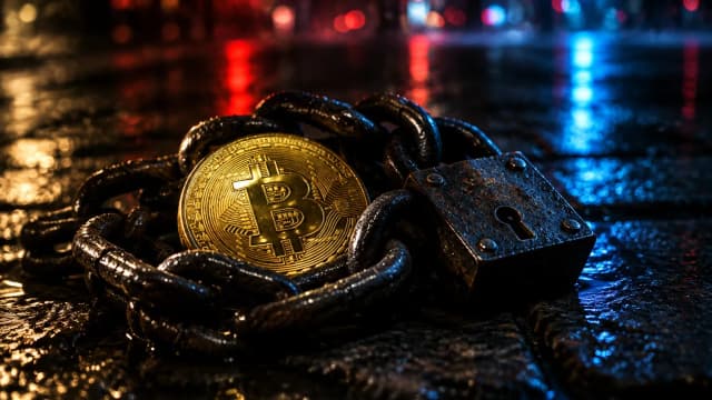A Bitcoin coin wrapped in a heavy chain with a padlock on a wet pavement at night