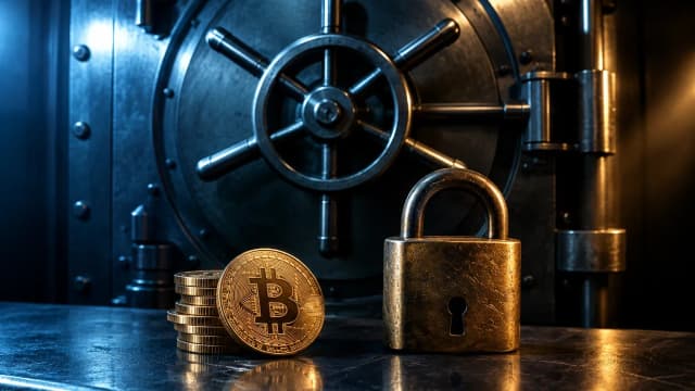 A closed bank vault door behind a stack of gold coins with a Bitcoin coin and a padlock