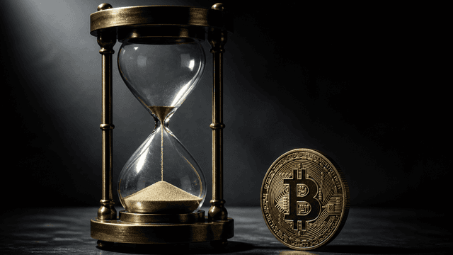 Fast leergelaufene Messing-Sanduhr auf dunkler Stahlplatte, daneben eine aufrecht stehende Metallmünze mit eingeprägtem Bitcoin-Zeichen