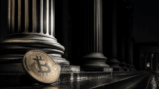 Bitcoin-Münze auf der nassen Steinstufe vor dem beleuchteten Säulenportal eines klassizistischen Behördengebäudes bei Nacht