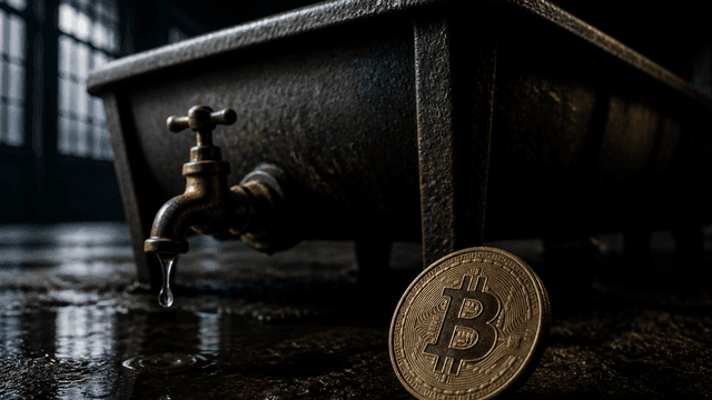 Leergelaufener gusseiserner Trog in einer dunklen Werkhalle, der Ablasshahn steht offen, ein letzter Tropfen hängt daran, davor eine Münze mit Bitcoin-Zeichen