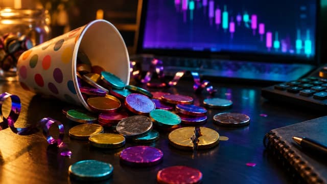 Colourful blank novelty coins spilling from a paper cup onto a dark trading desk