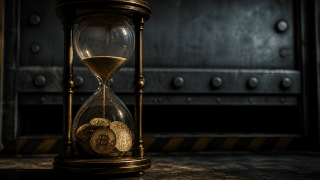 Sanduhr aus Glas und Messing, in deren unterer Kammer sich goldene Münzen mit Bitcoin-Zeichen sammeln, davor ein herabgelassenes Stahlschott