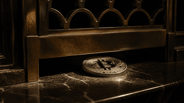 Halb heruntergelassenes Messing-Rollgitter über einem dunklen Marmortresen, im Lichtspalt darunter eine Silbermünze mit eingeprägtem Bitcoin-Zeichen