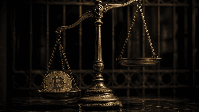 Justizwaage aus Messing, in der linken Schale eine grosse Bitcoin-Muenze, die rechte Schale leer und angehoben