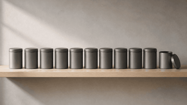 Elf gleich grosse matte Metalldosen stehen in gleichmaessigen Abstaenden auf einem hellen Holzregal, die letzte ist geoeffnet