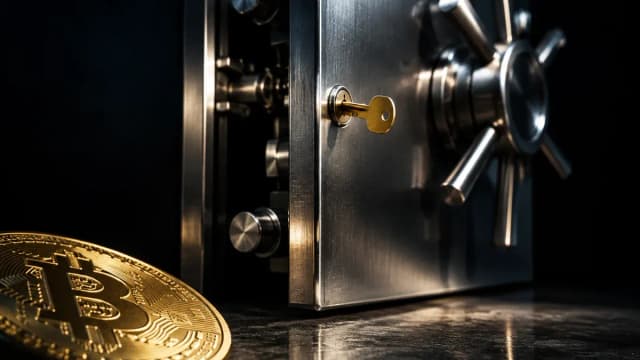 Massives Stahltresortor einen Spalt offen, der Riegel unversehrt, ein fremder Messingschlüssel steckt in einem Nebenschloss am Rand, davor eine Münze mit Bitcoin-Zeichen