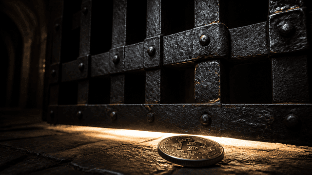 Schweres schmiedeeisernes Fallgatter senkt sich in einer dunklen Steinhalle fast bis zum Boden, im Lichtspalt darunter liegt eine Muenze mit Bitcoin-Symbol