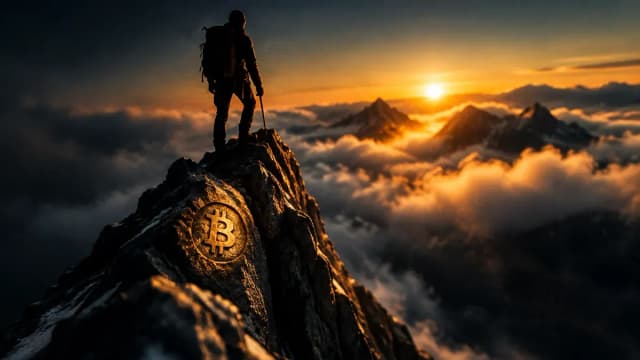 Bergsteiger-Silhouette auf einem schmalen Gipfelgrat im ersten Morgenlicht, daneben ein in den Fels graviertes Bitcoin-Zeichen