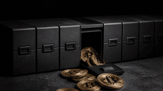 Aufgeklapptes Steckmodul in einer Reihe gleich aussehender schwarzer Module, aus dem Hohlraum rollen Münzen mit eingeprägtem Bitcoin-Zeichen auf die Werkbank