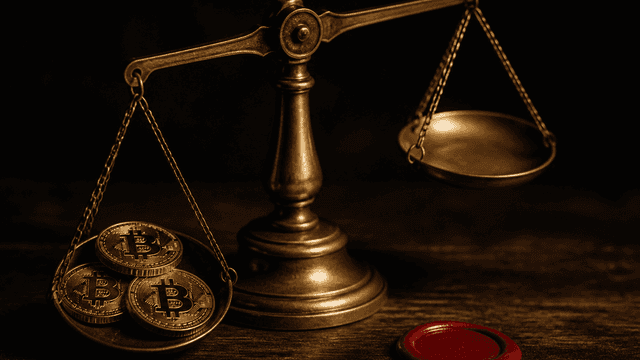 Messingwaage auf dunklem Holztisch: die linke Schale ist mit drei Bitcoin-Muenzen beladen und tief gesunken, die rechte Schale leer und hochgekippt, daneben ein rotes Wachssiegel