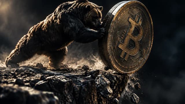Ein Bär stemmt sich gegen eine kippende Metallmünze mit eingeprägtem Bitcoin-Zeichen am Rand eines Abgrunds