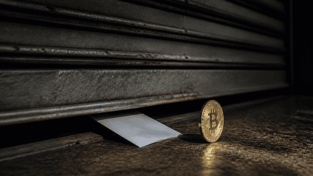 Schwerer Metall-Rollladen senkt sich fast bis zum Boden vor einem leergeraeumten Schaufenster, im letzten Spalt liegt ein gefalteter Papierstreifen, daneben steht eine Muenze mit Bitcoin-Zeichen auf der Kante