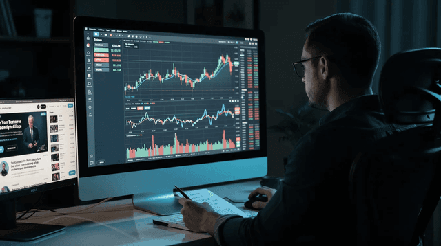 Une personne est assise devant un ordinateur, analysant des graphiques de cryptomonnaies sur l'écran