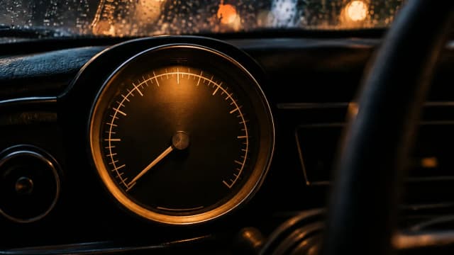 Ein Tachometer mit der Nadel auf null in einem dunklen Armaturenbrett
