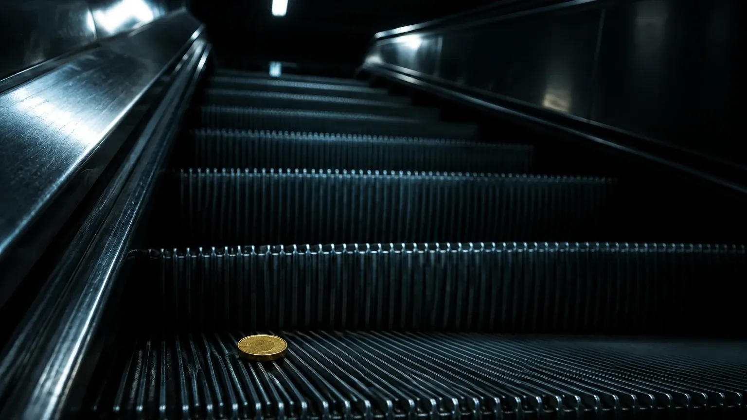 Eine stillstehende Rolltreppe in einer leeren dunklen Station mit einer Münze