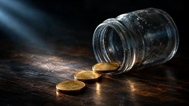 An empty glass jar tipped over on a dark desk with three plain coins