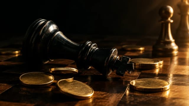 A toppled chess king on a dark board surrounded by plain coins