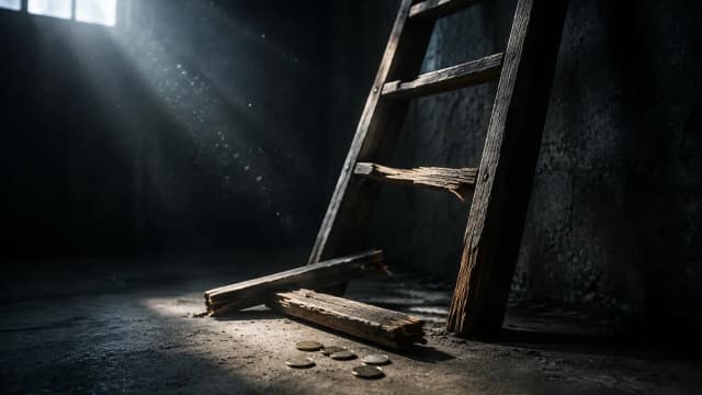 A wooden ladder with broken lower rungs against a dark wall