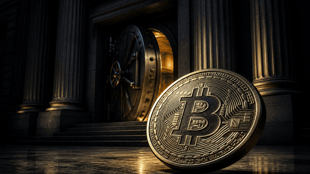 Säulenportal eines Bankgebäudes bei Nacht mit halb geöffnetem Stahl-Tresortor, im Vordergrund eine schwere Münze mit eingeprägtem Bitcoin-Zeichen