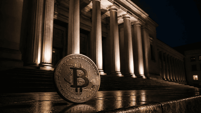 Monumentales klassizistisches Notenbankgebäude bei Nacht mit angestrahltem Säulenportal, auf der vordersten Steinstufe steht eine aufgerichtete Metallmünze mit eingeprägtem Bitcoin-Zeichen