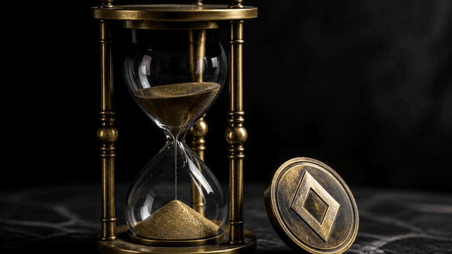 Messing-Sanduhr mit rieselndem Sand auf dunkler Steinplatte, daneben eine schwere Metallmuenze mit eingepraegtem rautenfoermigem Symbol