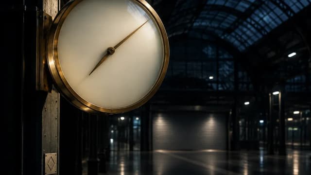 Große Bahnhofsuhr aus Messing mit glattem, ziffernlosem Zifferblatt in einer dunklen, leeren Bahnhofshalle, dahinter ein geschlossenes Rolltor