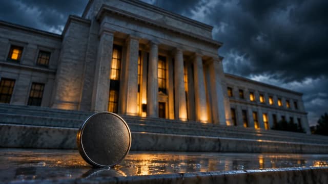 A plain silver coin on the wet marble steps of a monumental central bank building under storm clouds