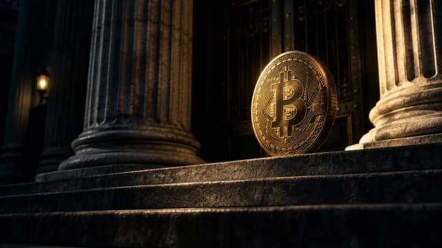 Große goldene Münze mit eingeprägtem Bitcoin-Zeichen auf der obersten Steinstufe vor dem Säulenportal eines klassizistischen Bankgebäudes bei Nacht
