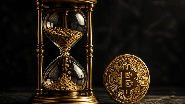 Messing-Sanduhr, in der statt Sand goldene Muenzen durch die Enge rieseln, daneben aufrecht eine grosse Goldmuenze mit eingepraegtem Bitcoin-Zeichen