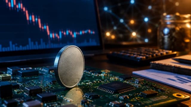 A plain silver coin standing on a circuit board in front of a monitor with a falling candlestick chart