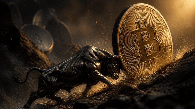 A dark polished metal bull pushes a huge upright coin bearing an embossed Bitcoin symbol up a rocky slope out of shadow into warm light, dust and sparks in the air