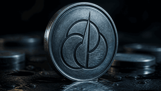 Upright brushed steel coin with an abstract embossed emblem of three interlocking arcs and a rising wedge, standing on a rain-wet dark steel plate