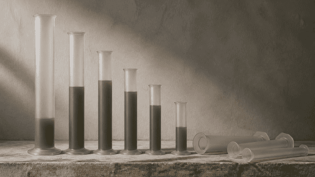 Six matte glass measuring cylinders of descending height on a stone shelf, each filled to a different level, three empty ones lying on their side
