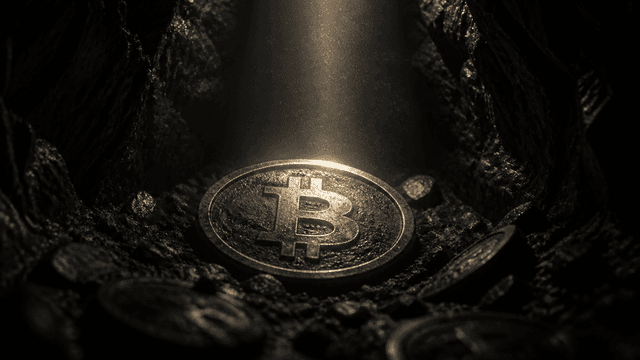 Heavy metal coin with a deeply embossed Bitcoin symbol lying at the bottom of a narrow dark rock shaft, a single beam of light falling on it from far above