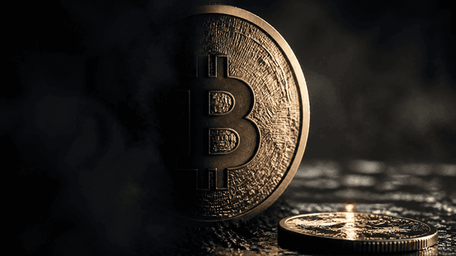 Macro shot of a heavy metal coin with an embossed Bitcoin symbol emerging half-lit from a veil of dark haze, a second coin lying flat on wet dark stone beside it