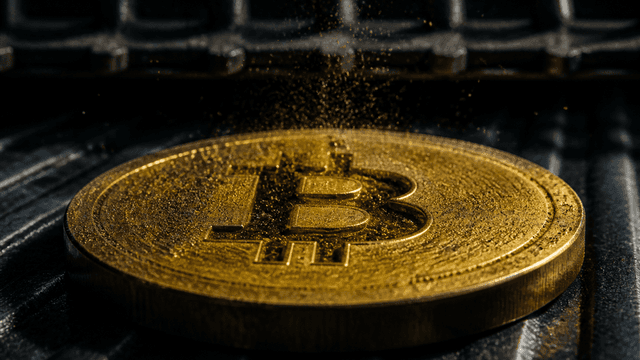 Feiner Metallstaub rieselt auf eine schwere Goldmünze mit eingeprägtem Bitcoin-Zeichen, im Hintergrund senkt sich ein Stahlgitter herab