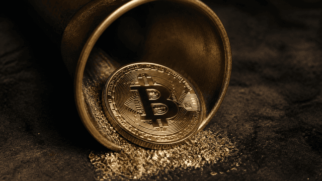 Massive Münze mit eingeprägtem Bitcoin-Symbol fällt durch einen Messingtrichter, an dessen Auslauf feine Metallspäne liegen