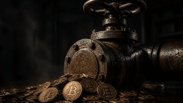 Fest zugedrehtes Absperrventil an einer Stahlrohrleitung, davor stauen sich Münzen mit Bitcoin-Zeichen