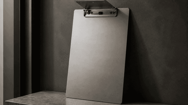 Leeres Klemmbrett aus mattem Metall mit geoeffneter Federklemme, aufrecht an eine dunkle Wand gelehnt