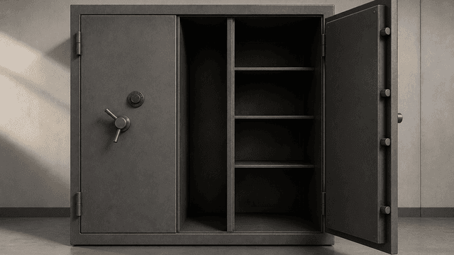 Offener Stahlschrank mit durchgehender Trennwand, links verschlossene Faecher, rechts offene leere Faecher