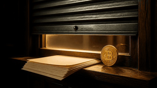 Stahlrollladen senkt sich vor einem beleuchteten Schalterfenster, auf dem Tresen ein halb herausgezogener Stapel Papierboegen, daneben eine Goldmuenze