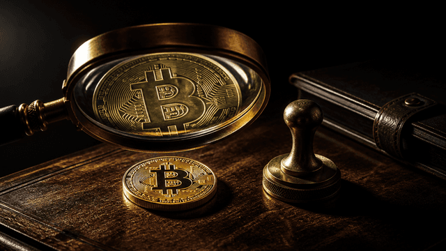 Goldmuenze mit Bitcoin-Zeichen unter einer grossen Messinglupe auf einem dunklen Pruefpult, daneben Stempel und Aktenmappe