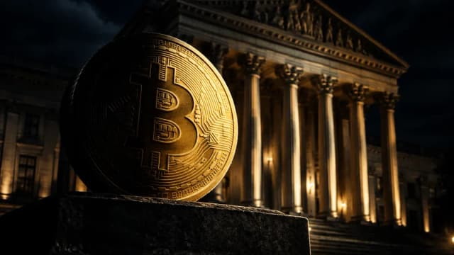 Monumentales Parlamentsgebäude bei Nacht, davor eine halb im Schatten liegende Goldmünze mit Bitcoin-Zeichen