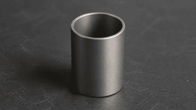 Kurzes offenes Rohrstueck aus mattem Metall, aufrecht auf einer dunklen Steinplatte, der Blick geht durch das leere Innere hindurch