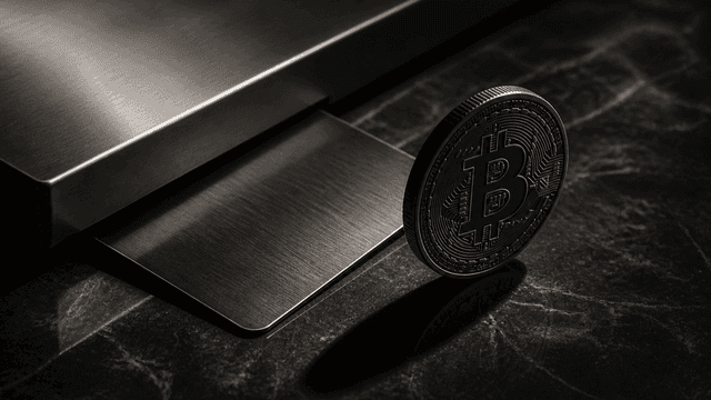 Ungebrandete Metall-Zahlkarte, halb unter eine schwere Stahlklappe geschoben, davor eine Muenze mit eingepraegtem Bitcoin-Zeichen