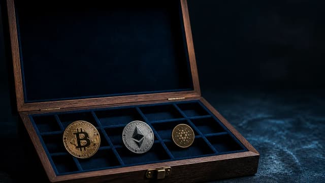 Offener Holzkasten mit Samtfächern, in drei Fächern liegen Kryptomünzen, darunter eine Bitcoin-Münze, Sinnbild für ein Krypto-Musterdepot