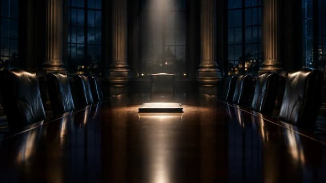 Menschenleerer monumentaler Kabinettssaal bei Nacht, langer polierter Konferenztisch mit leeren Lederstuehlen, ein Lichtkegel auf einer geschlossenen Aktenmappe
