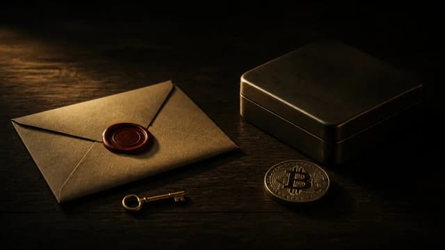 Versiegelter Umschlag, verschlossene Metallbox, Schlüssel und Bitcoin-Münze auf dunklem Holz – Sinnbild für Krypto vererben